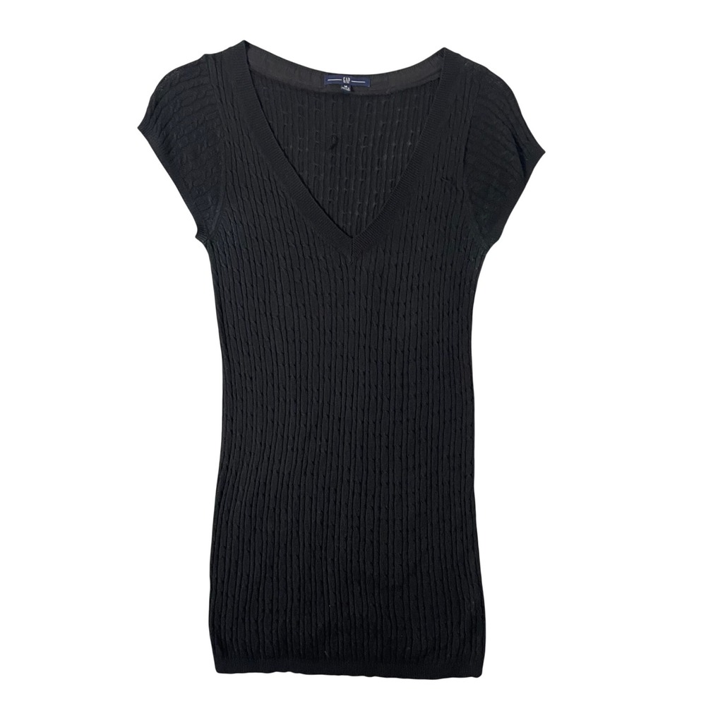 GAP Sweater Womens Medium Black Top Cable Knit V Neck‎ 2000s Lightweight Mcbling